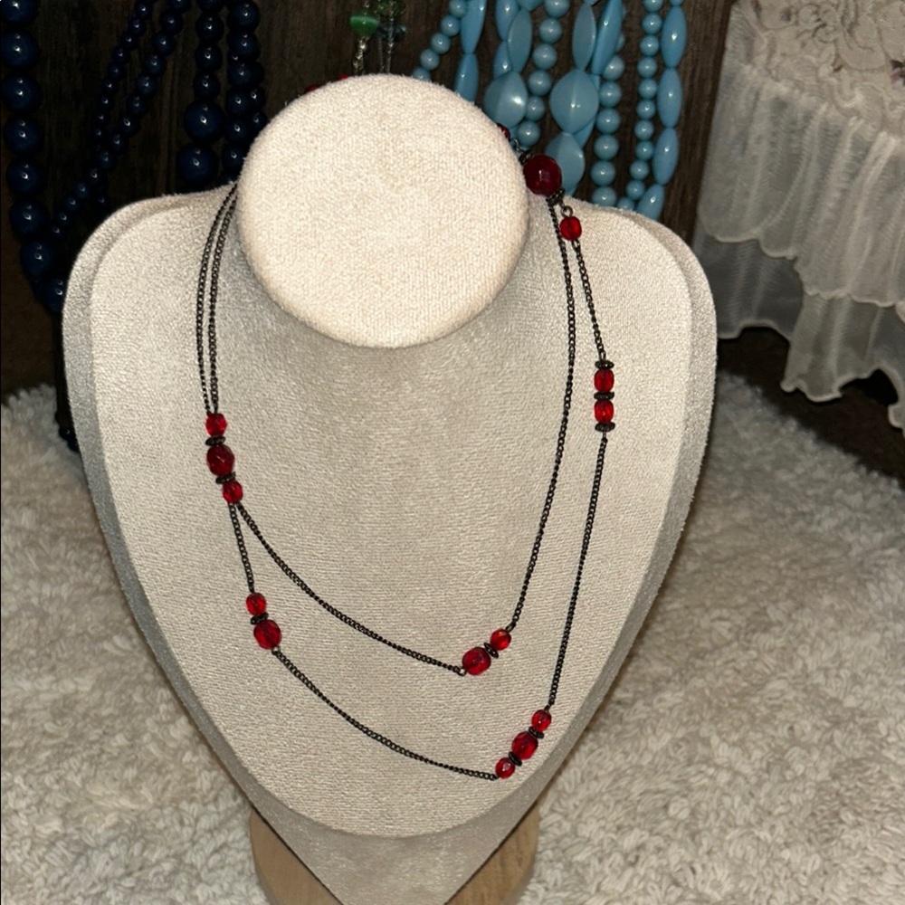 N Y Long Red Beaded Necklace